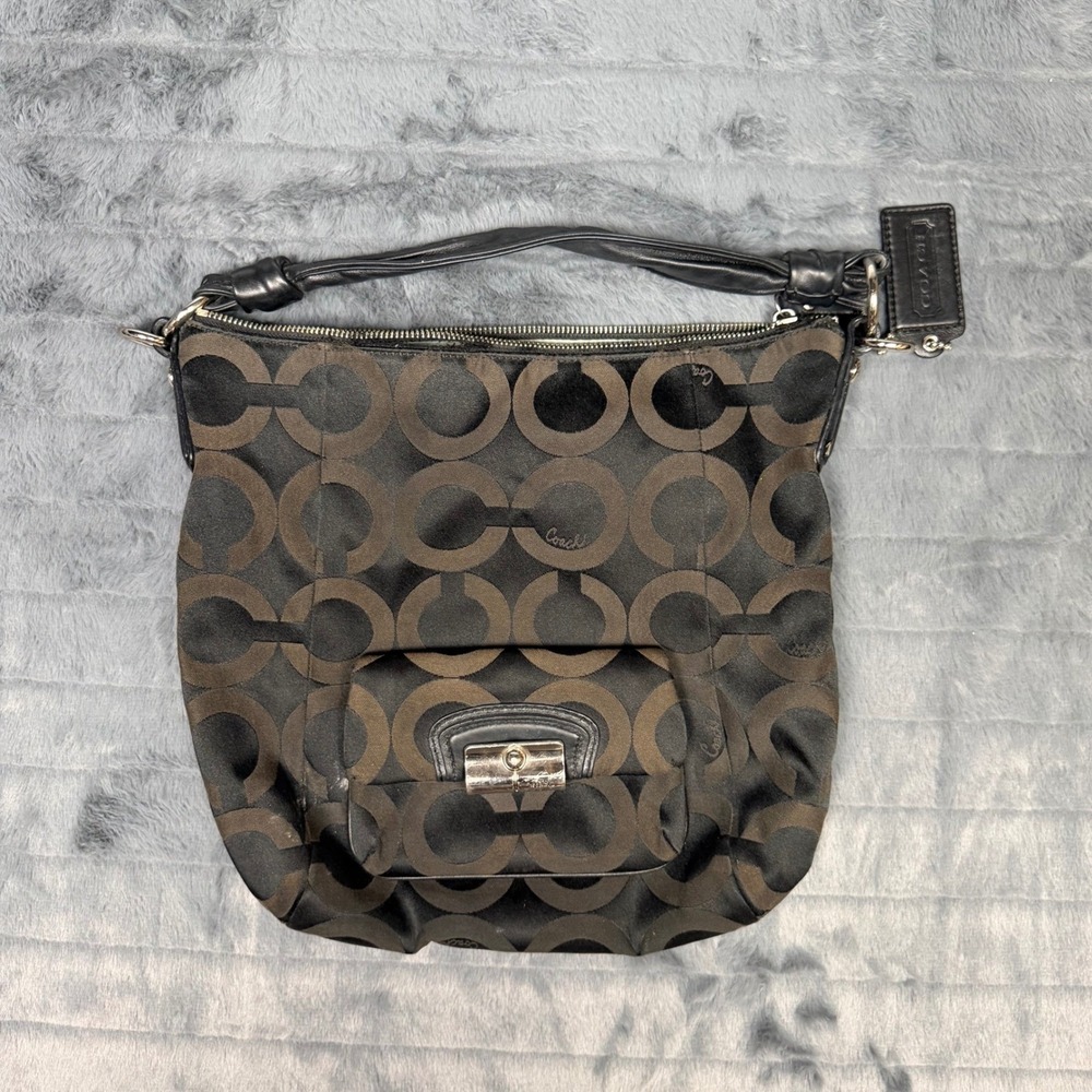 Coach Optic Signature C Hobo Bag Black Brown Jacquard 14753 Turnlock Pocket